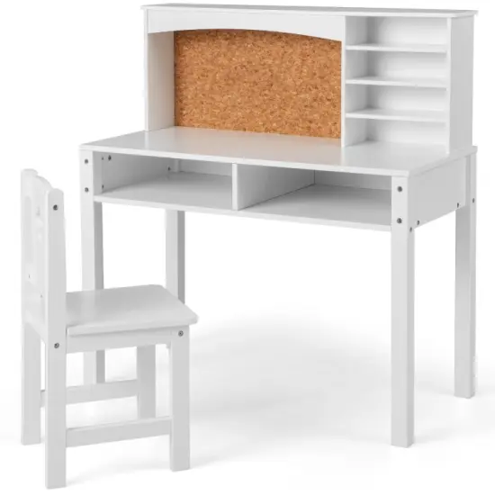 Kids Wooden Desk and Chair Set with 4-tier Storage Shelves and 2 Open Drawers White {3}