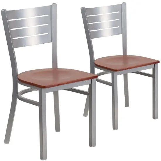 Emma and Oliver 2 Pack Silver Slat Back Metal Restaurant Chair MahoganySeat/Silver {6}