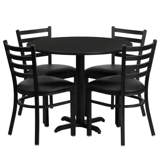 Emma and Oliver 36" Round Laminate X-Base Table Set with 4 Ladder Back Chairs BlackTop/BlackVinyl {1}