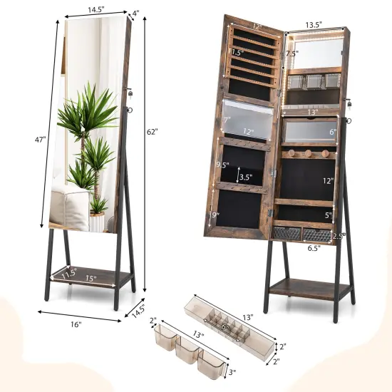 Freestanding Full-Length Mirror Jewelry Cabinet with Metal Tube Frame and 3 Color LED Lighting Rustic Brown {5}