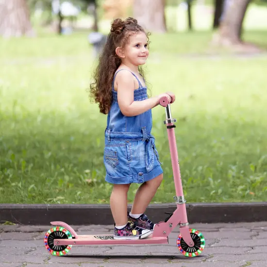 Kids Folding Kick Scooter with 3 Adjustable Heights for Outdoor Pink {2}