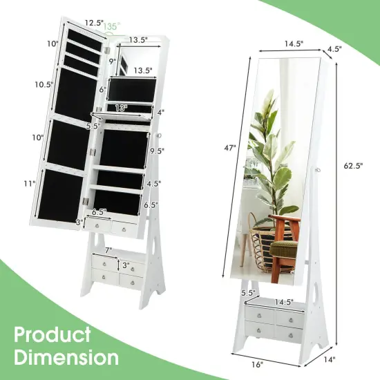 Freestanding Full Length LED Mirrored Jewelry Armoire with 6 Drawers-White {4}