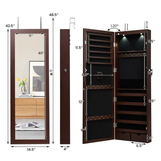 Lockable Wall Mount Mirrored Jewelry Cabinet with LED Lights Brown {4}