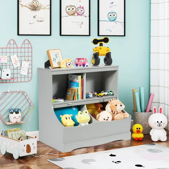 Costway Children's Multi-Functional Bookcase Toy Storage Bin Kids Floor Cabinet GreyWhite {8}