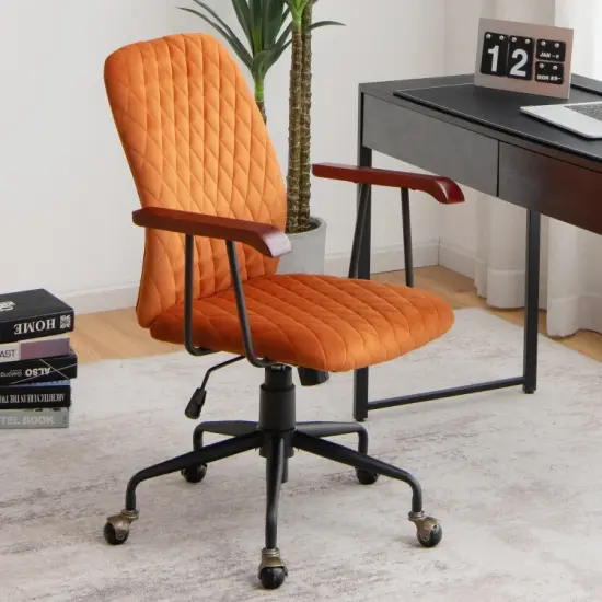 Velvet Home Office Chair with Wooden Armrest Orange {4}