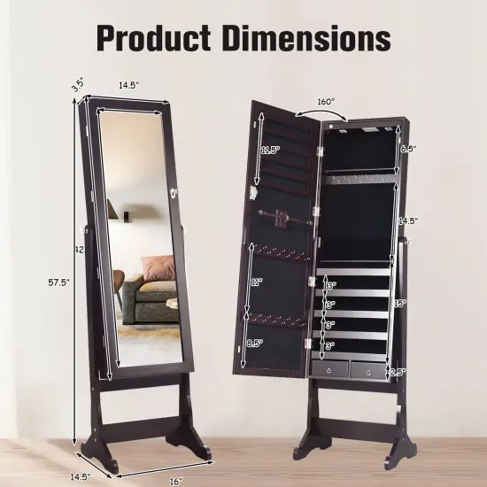 Lockable Mirrored Jewelry Cabinet with Stand and Led Lights-Brown {3}