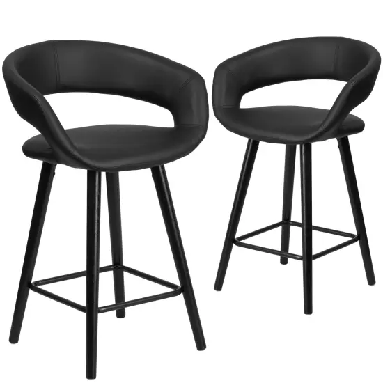 Emma and Oliver 2 Pk. 24'' High Contemporary Vinyl Counter Height Stool with Cappuccino Wood Frame Black {1}