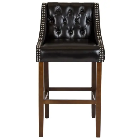 Merrick Lane Hadleigh Upholstered Barstool 30" High Transitional Tufted Barstool with Accent Nail Trim Black LeatherSoft {3}