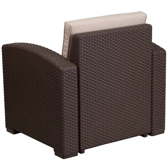 Merrick Lane Malmok Outdoor Furniture Resin Chair Faux Rattan Wicker Pattern Patio Chair With All-Weather Cushion Chocolate Brown {4}