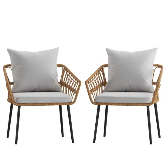 Merrick Lane Armon Set of Two Indoor/Outdoor Boho Style Open Weave Rattan Rope Patio Chairs with Cushions Natural/Gray {3}