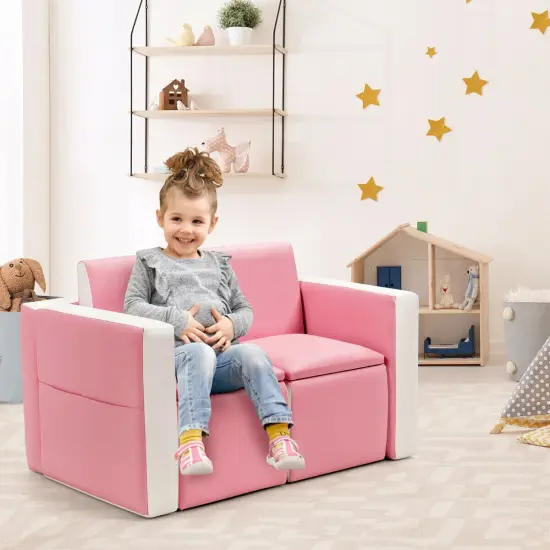 2 in 1 Multi-Functional Kids Sofa Table Chair Set with PVC Surface and Storage Box Under The Seat Pink {2}