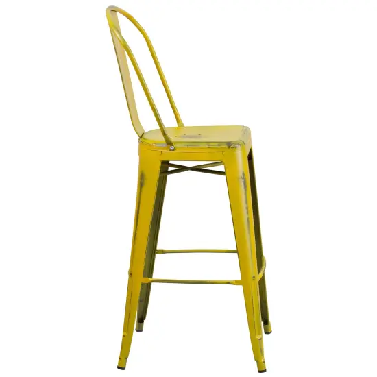 Emma and Oliver Commercial Grade 4 Pack 30" High Distressed Metal Indoor-Outdoor Barstool with Back Yellow {5}