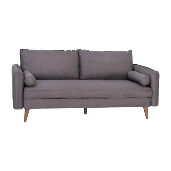 Emma and Oliver Carthage Upholstered Mid-Century Modern Pocket Spring Sofa with Wooden Legs and Removable Back Cushions Stone Gray {1}