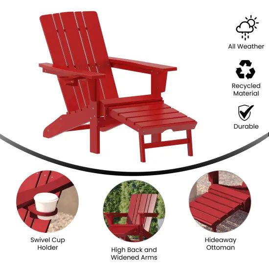 Merrick Lane Ridley HDPE Adirondack Chair with Cup Holder and Pull Out Ottoman, All-Weather HDPE Indoor/Outdoor Lounge Chair Red {2}