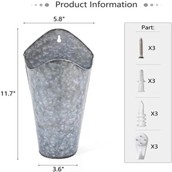 2 Pck Galvanized Metal Wall Planter Farmhouse Wall Vase for Artificial Plants Flowers, Rustic Hanging Fake Flowers Holder Country Home Bedroom Living Room Decor Set of 2, Silver, Small {5}