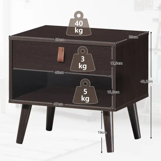 Nightstand Bedroom Table with Drawer Storage Shelf-Brown {4}