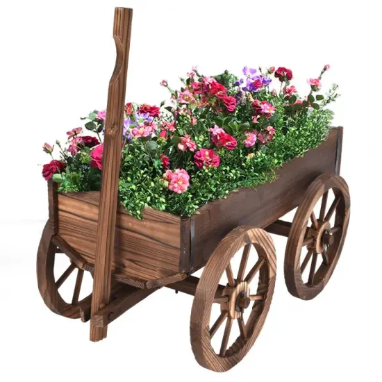 Wood Wagon Planter Pot Stand with Wheels {6}