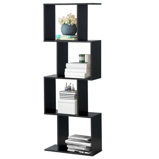 Costway 4-tier S-Shaped Bookcase Free Standing Storage Rack Wooden Display Decor Black {6}