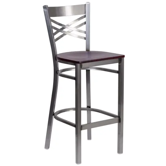 Emma and Oliver Clear Coated "X" Back Metal Restaurant Dining Barstool Mahogany/ClearCoated {1}