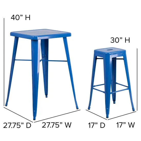 Emma and Oliver Commercial Grade 23.75" Square Metal Indoor-Outdoor Bar Set & 2 Backless Stools Blue {4}