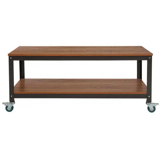 Emma and Oliver TV Stand in Wood Grain Finish with Metal Wheels Brown Oak {2}