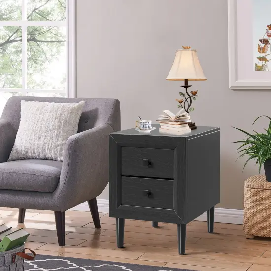 Multi-Purpose Wooden Bedside Nightstand with 2 Drawers Suitable for Any Room Black {2}