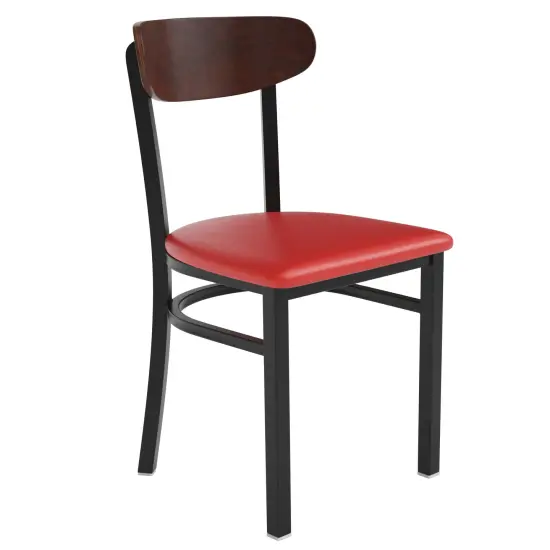 Emma and Oliver Yara Industrial Dining Chair with Rolled Steel Frame and Solid Wood Seat - 500 lbs. Static Weight Capacity WalnutBack/RedVinyl {1}