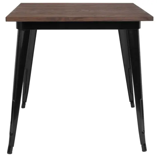 Merrick Lane Modern 31.5" Square Metal Table with Rustic Wood Top for Indoor Use Black {4}
