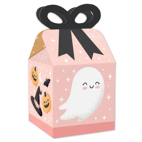 Big Dot of Happiness Pastel Halloween - Square Favor Gift Boxes - Pink Pumpkin Party Bow Boxes - Set of 12 {1}