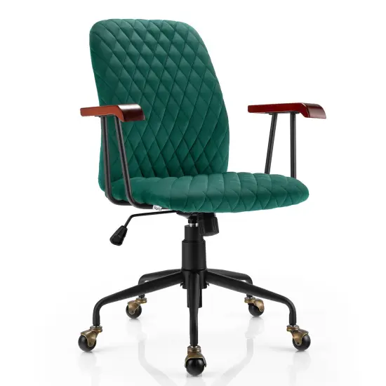 Velvet Home Office Chair with Wooden Armrest Green {1}