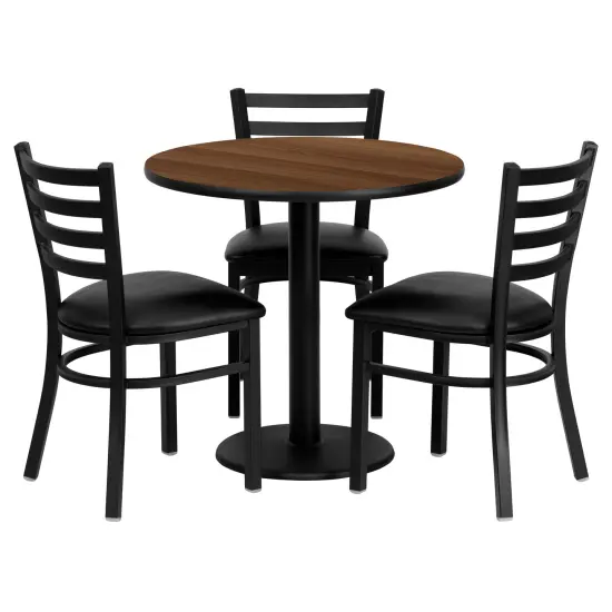 Emma and Oliver 30'' Round Laminate Table Set with 3 Ladder Back Metal Chairs Walnut {1}