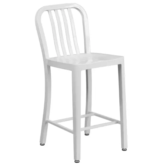 Merrick Lane Santorini Galvanized Steel Indoor/Outdoor Counter Bar Stool With Slatted Back And Powder Coated Finish White {1}