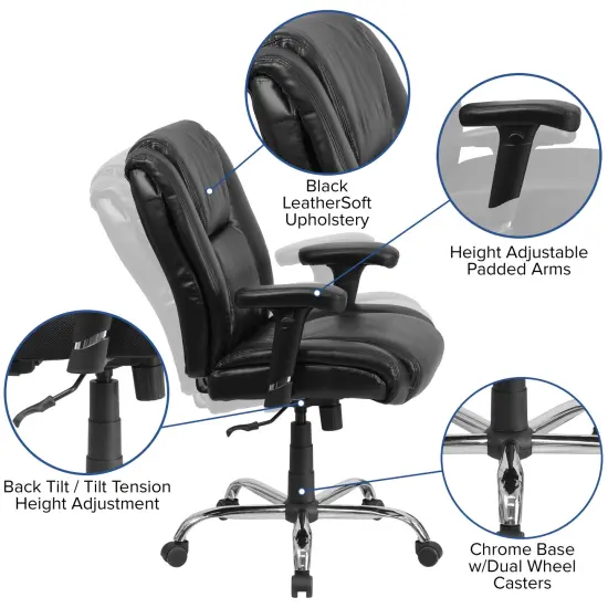 Emma and Oliver Big & Tall 400 lb. Rated Leather Swivel Ergonomic Task Office Chair with Chrome Base and Adjustable Arms Black {2}