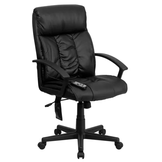 Emma and Oliver High Back Ergonomic Massaging Leather Soft Ripple Upholstered Executive Swivel Office Chair with Side Remote Pocket and Arms Black {1}