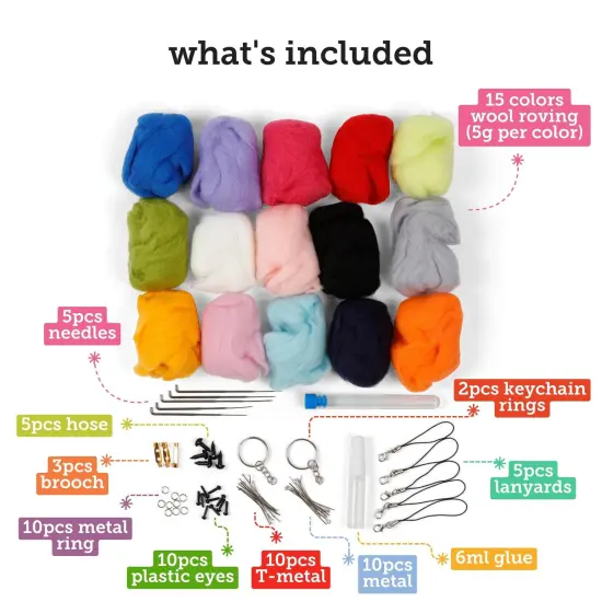 Incraftables Wool Needle Felting Kit (15 Colors). Best Wool Felting Kits for Beginners, Pros, Adults & Kids. Wool Roving Felt Supplies Starter Set with Plastic Eyes, Landyads, Keychains & Glue {3}