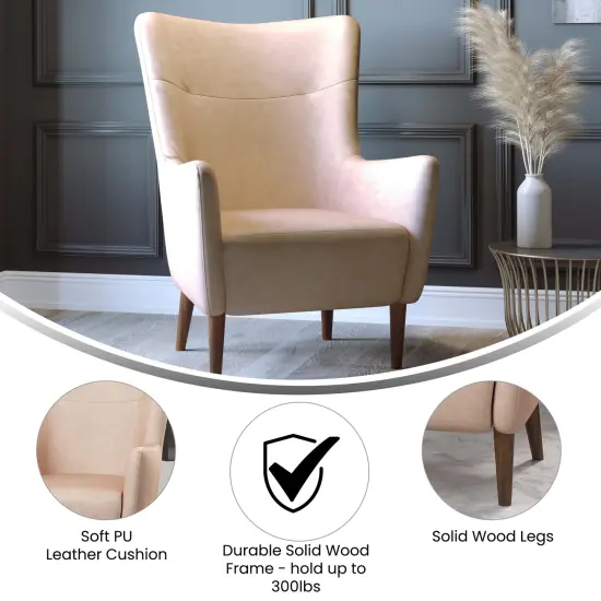 Merrick Lane Regal Traditional Wingback Accent Chair, Faux Leather Upholstery and Wooden Frame and Legs Light Brown {4}