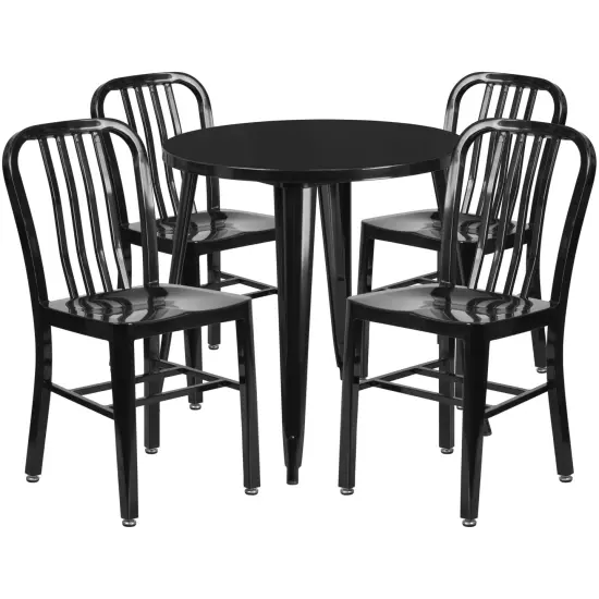 Emma and Oliver Commercial Grade 30" Round Metal Indoor-Outdoor Table Set & 4 Slat Back Chairs Black {1}