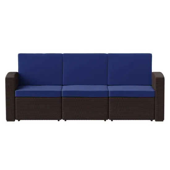 Merrick Lane Malmok Outdoor Furniture Resin Sofa Faux Rattan Wicker Pattern Patio 3-Seat Sofa With All-Weather Cushions Brown/Navy {3}