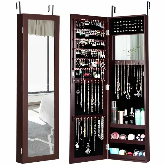 Full Length Mirror Jewelry Cabinet with Ring Slots and Necklace Hooks Coffee {1}