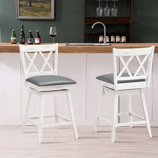 2 Pieces 25 Inch Swivel Counter Height Barstool Set with Rubber Wood Legs White {3}