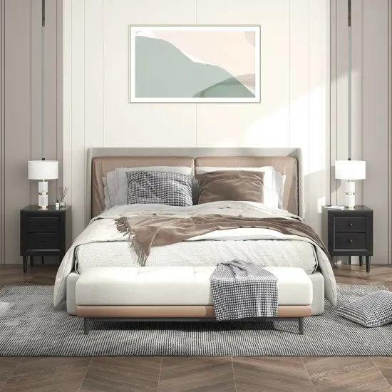 2 Pieces Multipurpose Retro Nightstand with 2 Drawers Black {3}