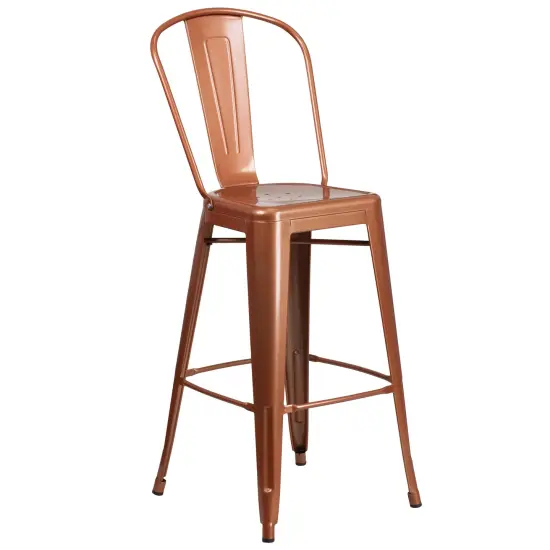 Merrick Lane Sabine Metal Indoor-Outdoor Barstool with Vertical Slat Back and Integrated Footrest Copper {1}