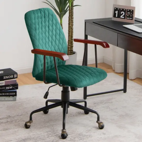 Velvet Home Office Chair with Wooden Armrest Green {4}