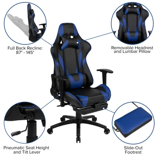Emma and Oliver Desk Bundle-Gaming Desk, Cup Holder, Headphone Hook and Reclining Chair Blue {2}