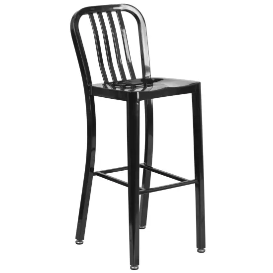 Merrick Lane Santorini 30 Inch Galvanized Steel Indoor/Outdoor Counter Bar Stool With Slatted Back And Powder Coated Finish Black {1}