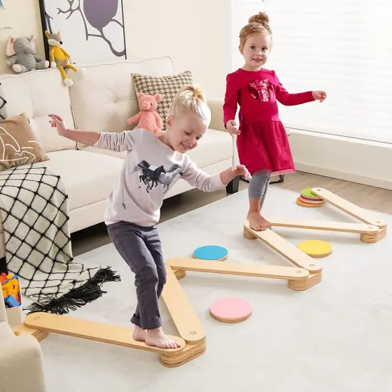 12-Piece Kids Wooden Balance Beam with Colorful Steeping Stones {2}