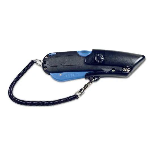 Garvey Box Cutter Knife with Shielded Blade Storage Compartment, Self-Retracting Cutter with Belt Holster for Boxes, Carboard, Cartons and Plastics, Black and Blue (091524) {1}