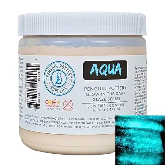 Penguin Pottery - Glow in the Dark Pottery Glaze - Aqua - Low Fire Glaze Cone 06 - Glow in the Dark Paint for Ceramics (16 oz | 473 ml) {1}