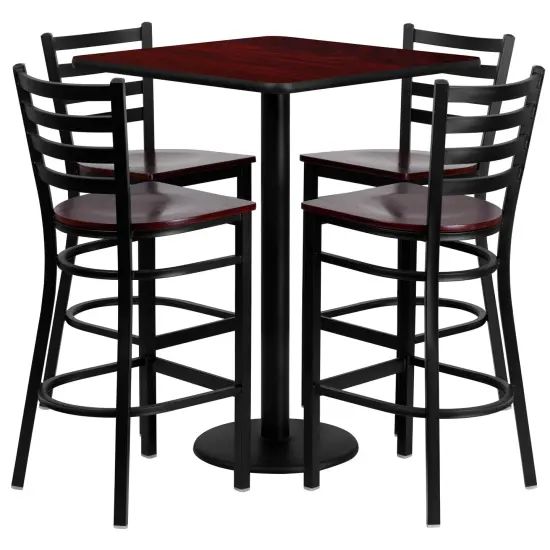 Emma and Oliver 30" Square Laminate Table Set with 4 Ladder Back Metal Barstools Mahogany {1}