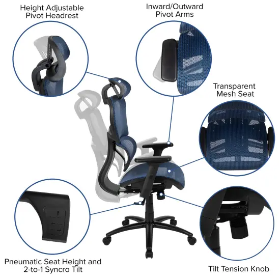 Emma and Oliver Ergonomic Mesh Office Chair-Synchro-Tilt, Headrest, Adjustable Pivot Arms Blue {2}